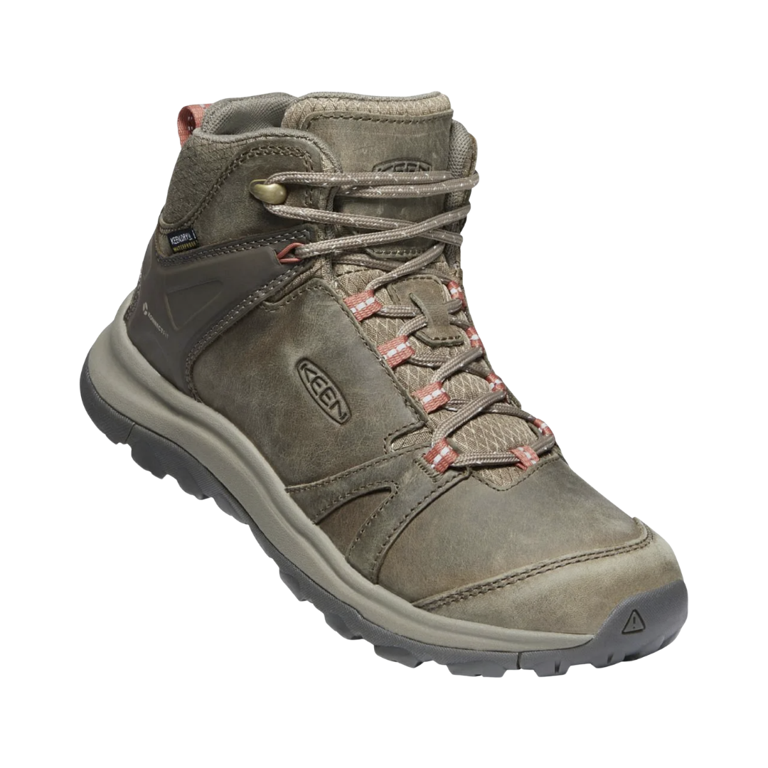 Side view of the KEEN Women's Terradora II Leather Waterproof Boot in Brindle/Redwood, featuring a durable leather upper, cushioned EVA midsole, and rugged all-terrain rubber outsole with 4mm lugs.