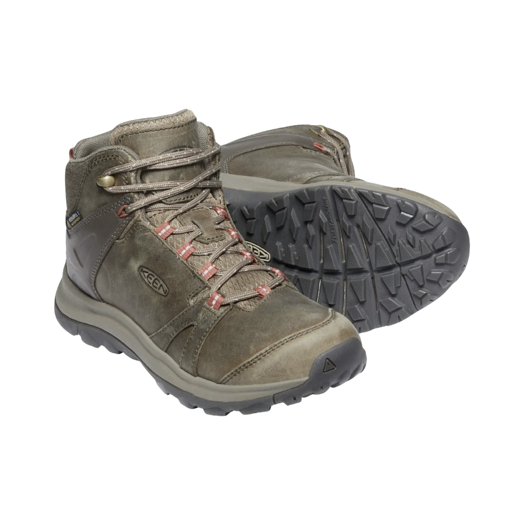 Side view of the KEEN Women's Terradora II Leather Waterproof Boot in Brindle/Redwood, featuring a durable leather upper, cushioned EVA midsole, and rugged all-terrain rubber outsole with 4mm lugs.