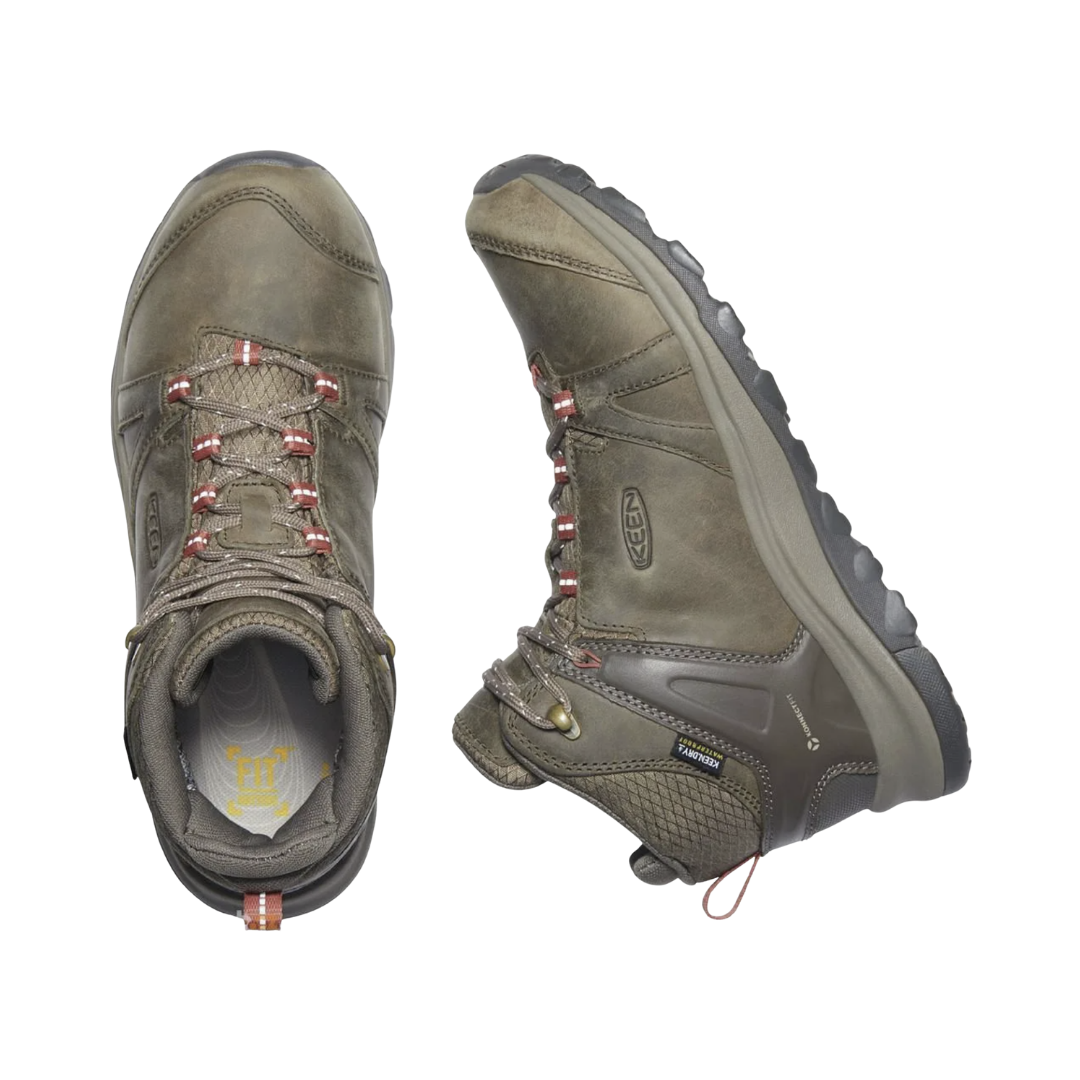 Top view of the KEEN Women's Terradora II Leather Waterproof Boot in Brindle/Redwood, displaying the leather upper, lace-up system, padded collar, and breathable mesh lining.