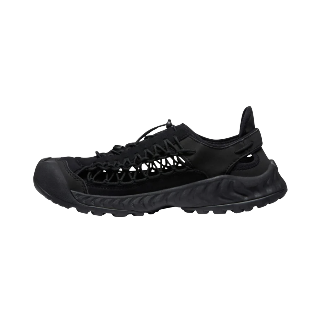 KEEN Men's Uneek NXIS Sandal in Triple Black featuring innovative two-cord construction, a lightweight EVA midsole, and a high-traction rubber outsole for casual outdoor comfort.