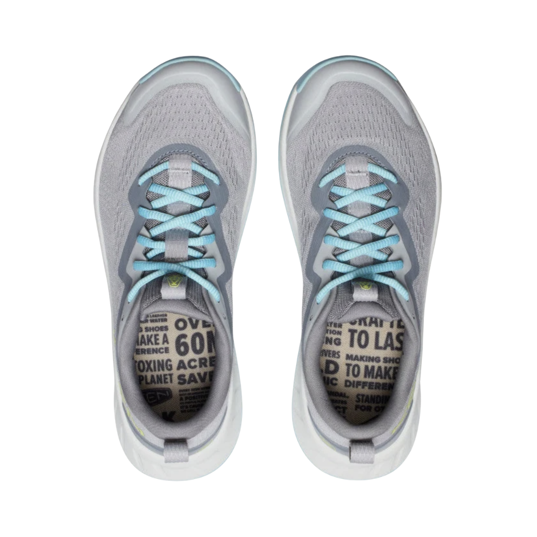 Top view of the KEEN Women's Versacore Speed in Alloy/Reef Waters, displaying the breathable mesh upper, secure lace system, and removable insole designed to accommodate custom or over-the-counter orthotics.