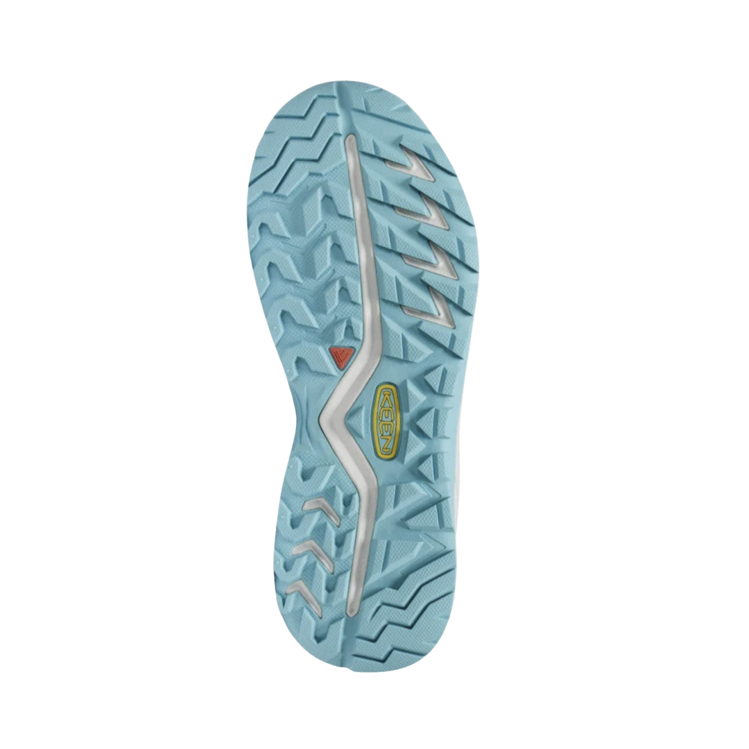 Bottom view of the KEEN Women's Versacore Speed in Alloy/Reef Waters, featuring an all-terrain rubber outsole with multi-directional lugs for dependable traction on pavement and dirt trails.