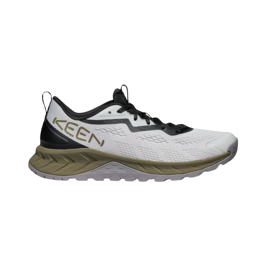 KEEN Men's Versacore Speed in Vapor/Dark Olive featuring a lightweight breathable mesh upper, cushioned EVA midsole, and all-terrain rubber outsole with multi-directional lugs.