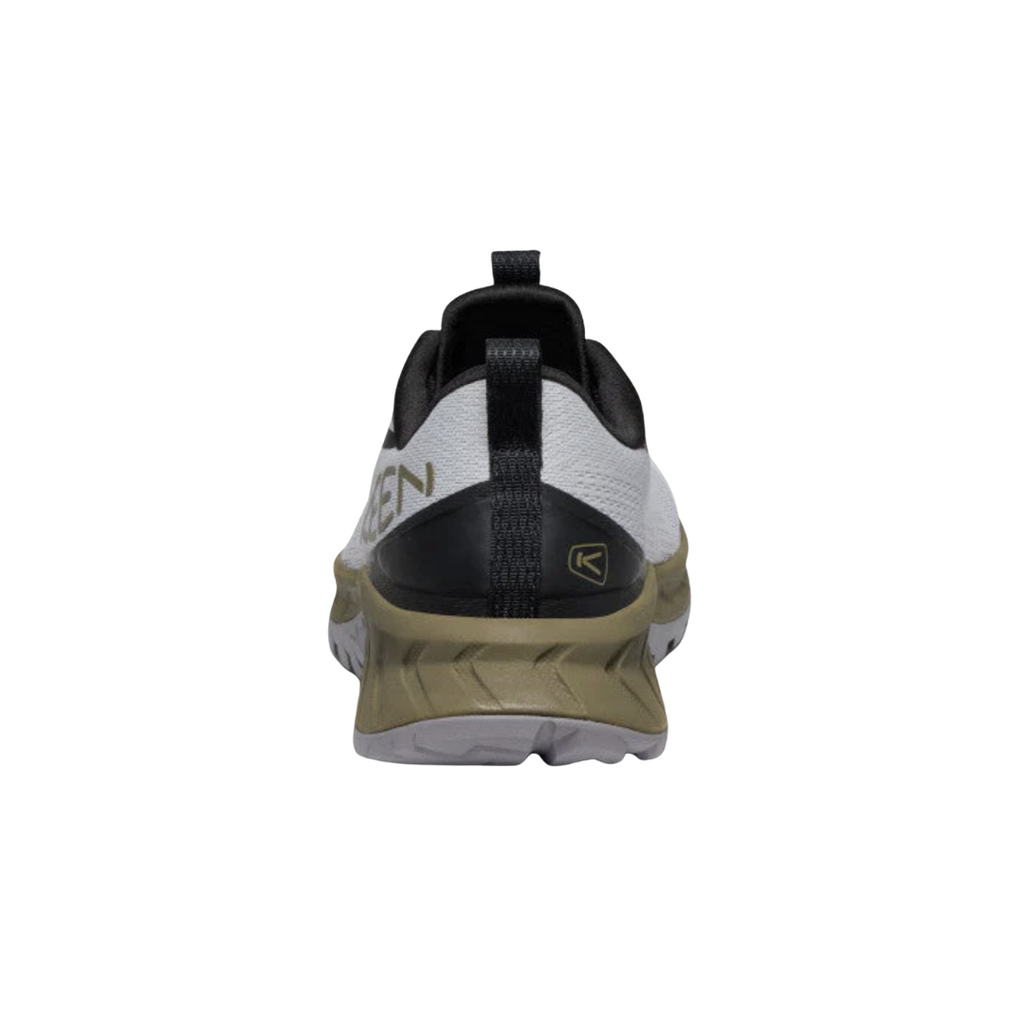 KEEN Men's Versacore Speed in Vapor/Dark Olive highlighting the structured heel and supportive construction for comfort and stability across varied terrain.