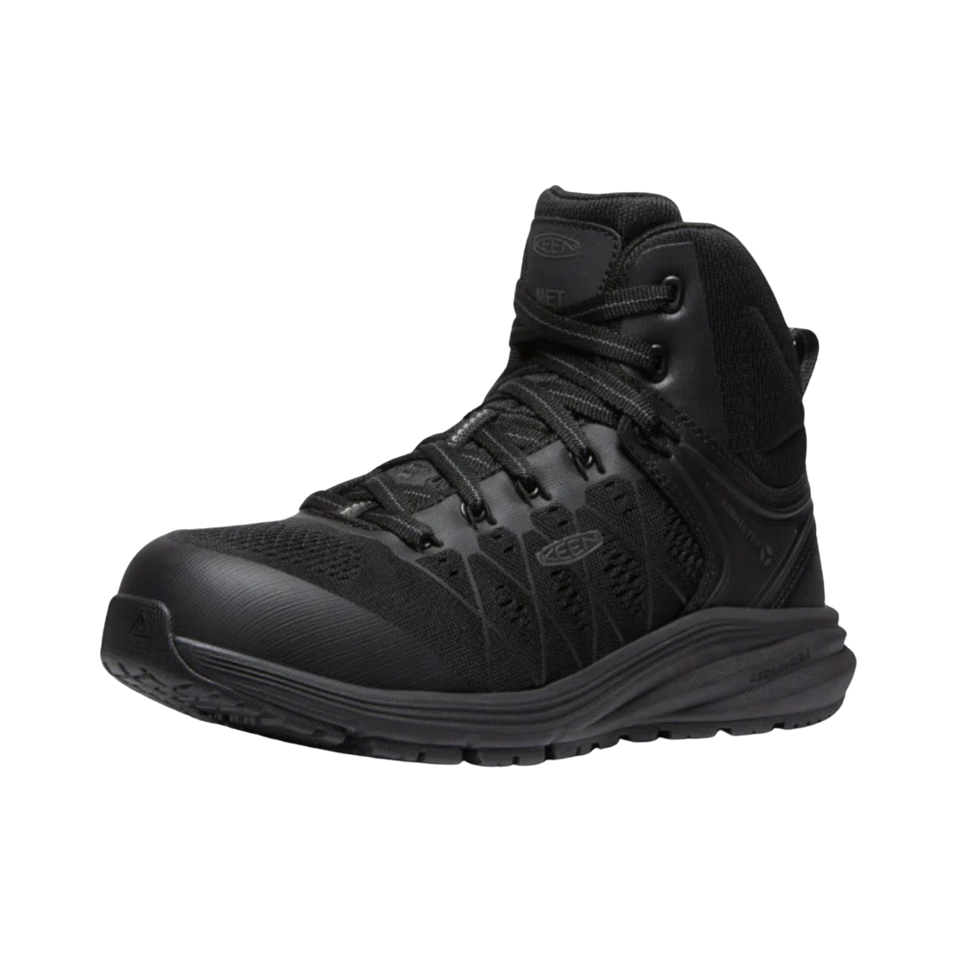 Side view of the KEEN Women's Vista Energy Mid INT MET Carbon Toe Work Boot in Black/Raven, featuring an athletic-inspired upper, mid-height design, KEEN.ReGEN cushioned midsole, and oil- and slip-resistant rubber outsole.