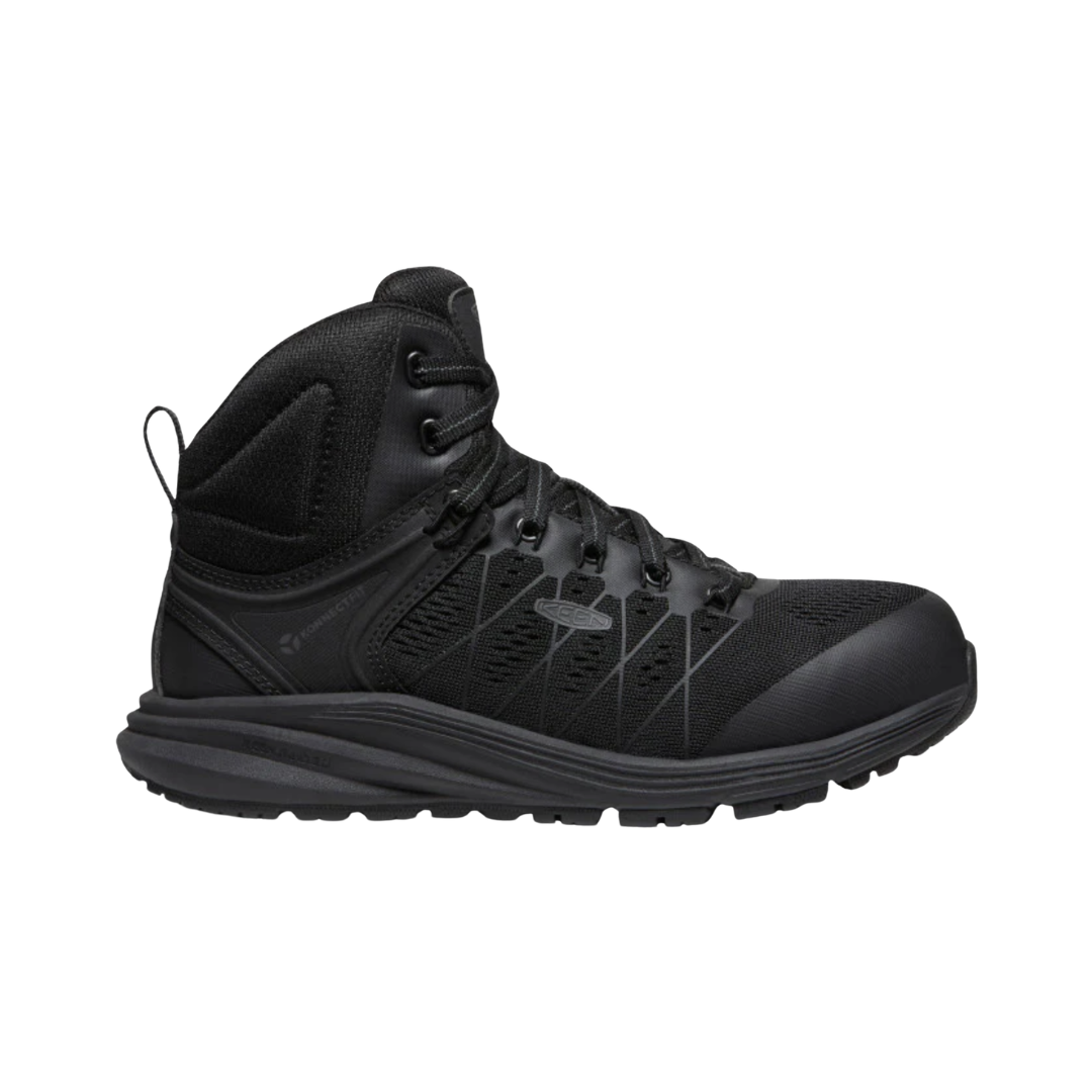 Side view of the KEEN Women's Vista Energy Mid INT MET Carbon Toe Work Boot in Black/Raven, featuring an athletic-inspired upper, mid-height design, KEEN.ReGEN cushioned midsole, and oil- and slip-resistant rubber outsole.