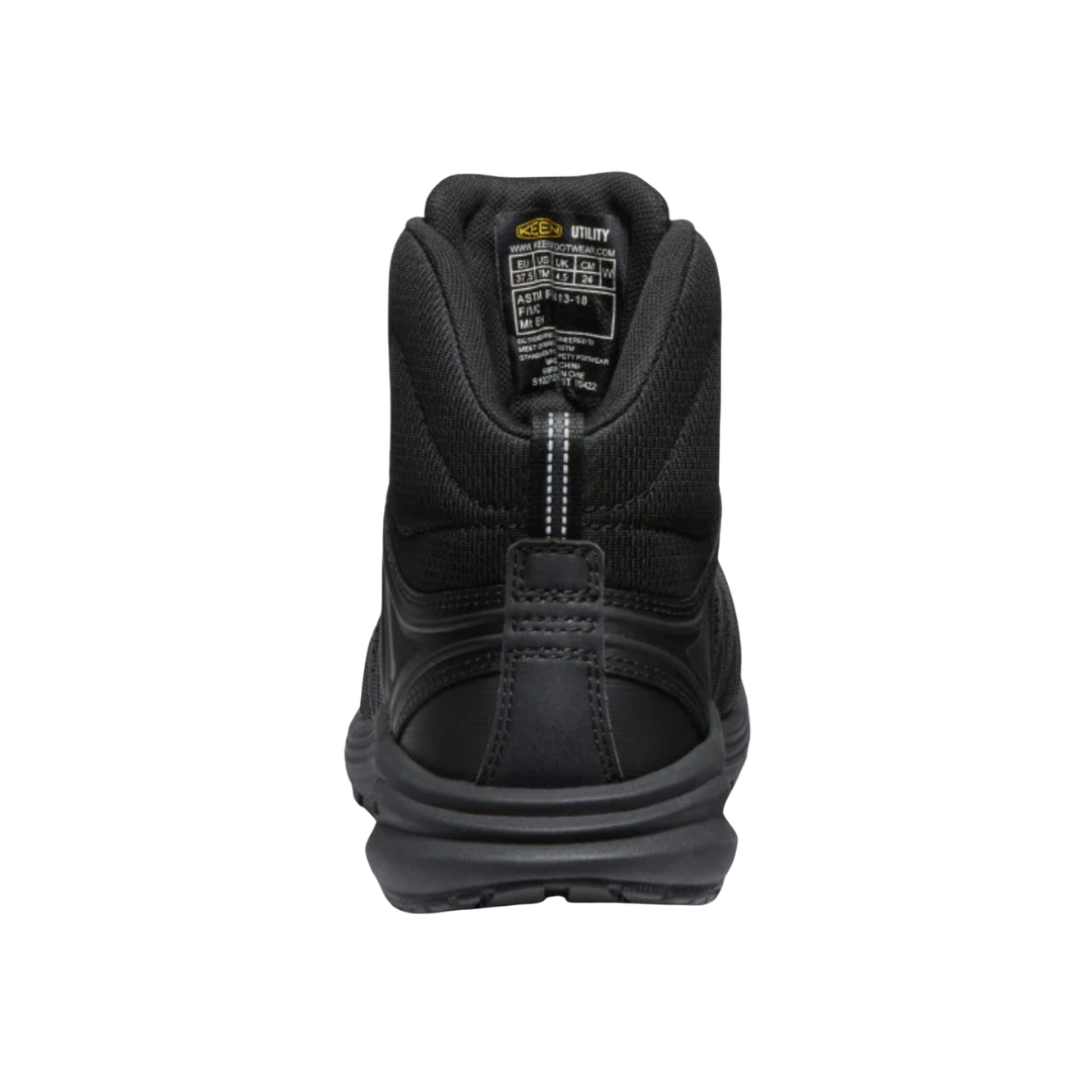 Heel view of the KEEN Women's Vista Energy Mid INT MET Carbon Toe Work Boot in Black/Raven, highlighting the supportive heel construction and padded collar for a secure fit.