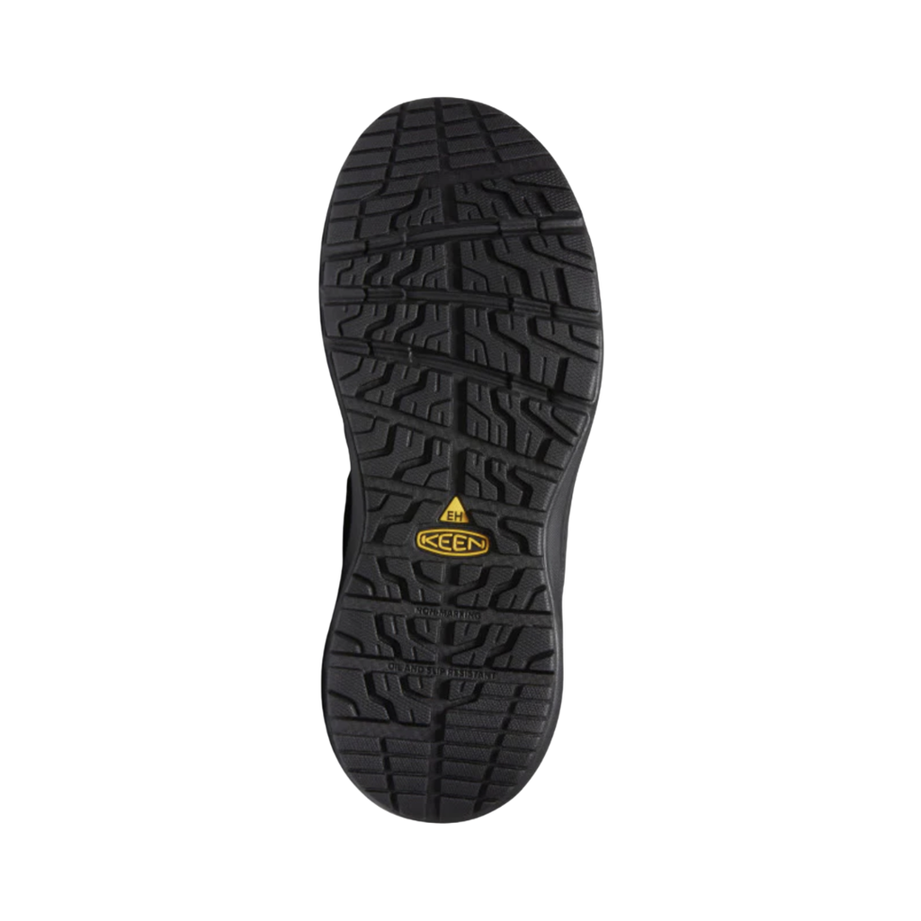 Bottom view of the KEEN Women's Vista Energy Mid INT MET Carbon Toe Work Boot in Black/Raven, featuring an oil- and slip-resistant rubber outsole designed for traction on demanding work surfaces.
