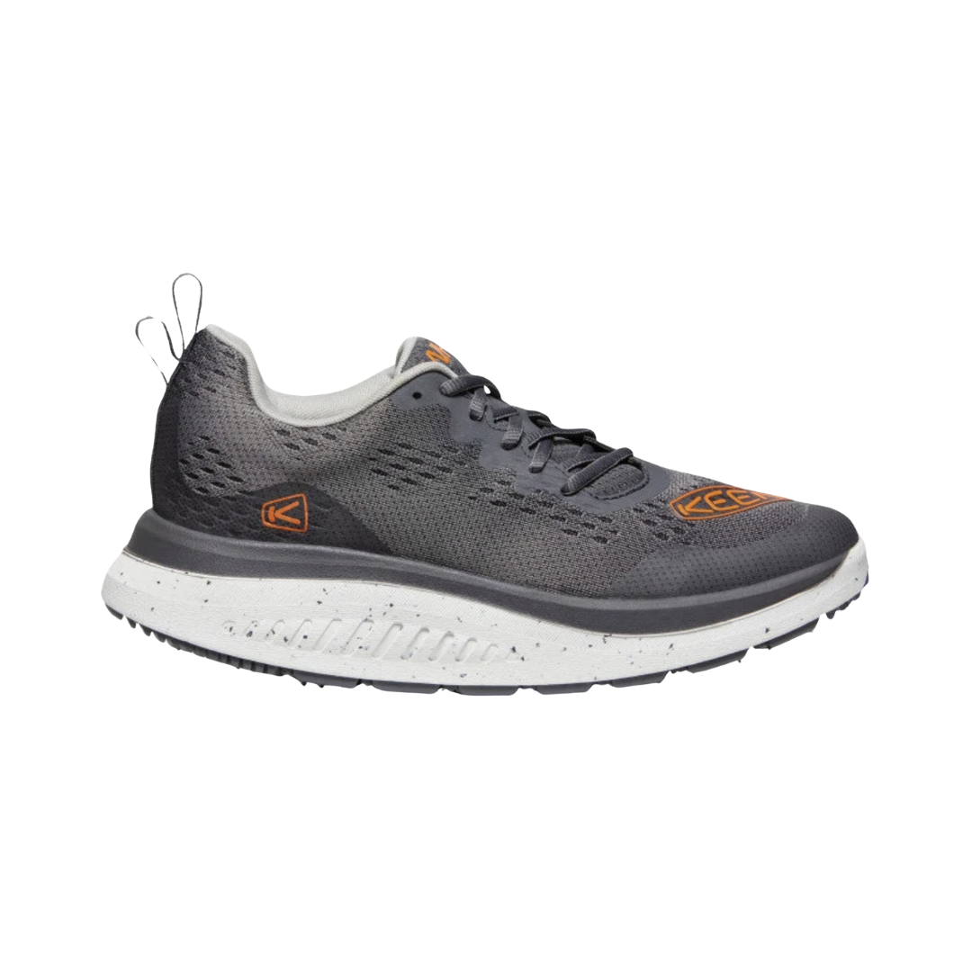 KEEN Men's WK400 Walking Shoe in Steel Grey/Scarlet Ibis featuring KEEN.CURVE™ rocker geometry, a high-rebound EVA midsole, and a breathable performance mesh upper.