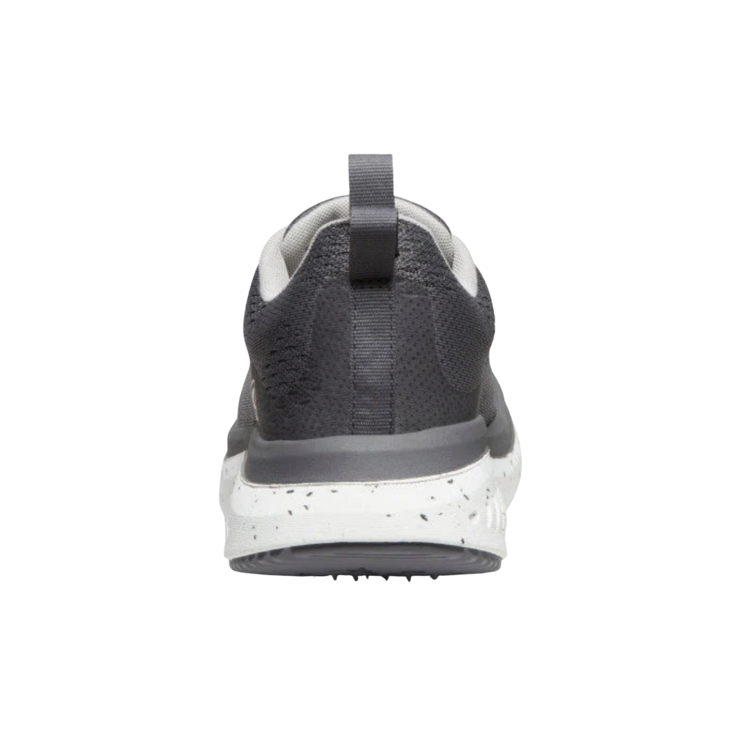 KEEN Men's WK400 Walking Shoe in Steel Grey/Scarlet Ibis highlighting the supportive heel construction and heel-lock system designed to help reduce slippage.