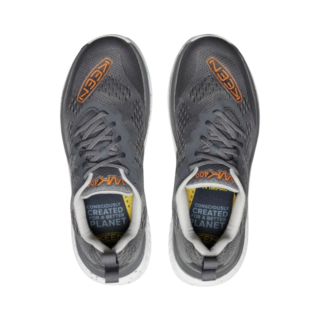 KEEN Men's WK400 Walking Shoe in Steel Grey/Scarlet Ibis displaying the performance mesh upper, secure lacing, and removable footbed that accommodates custom or over-the-counter orthotics.