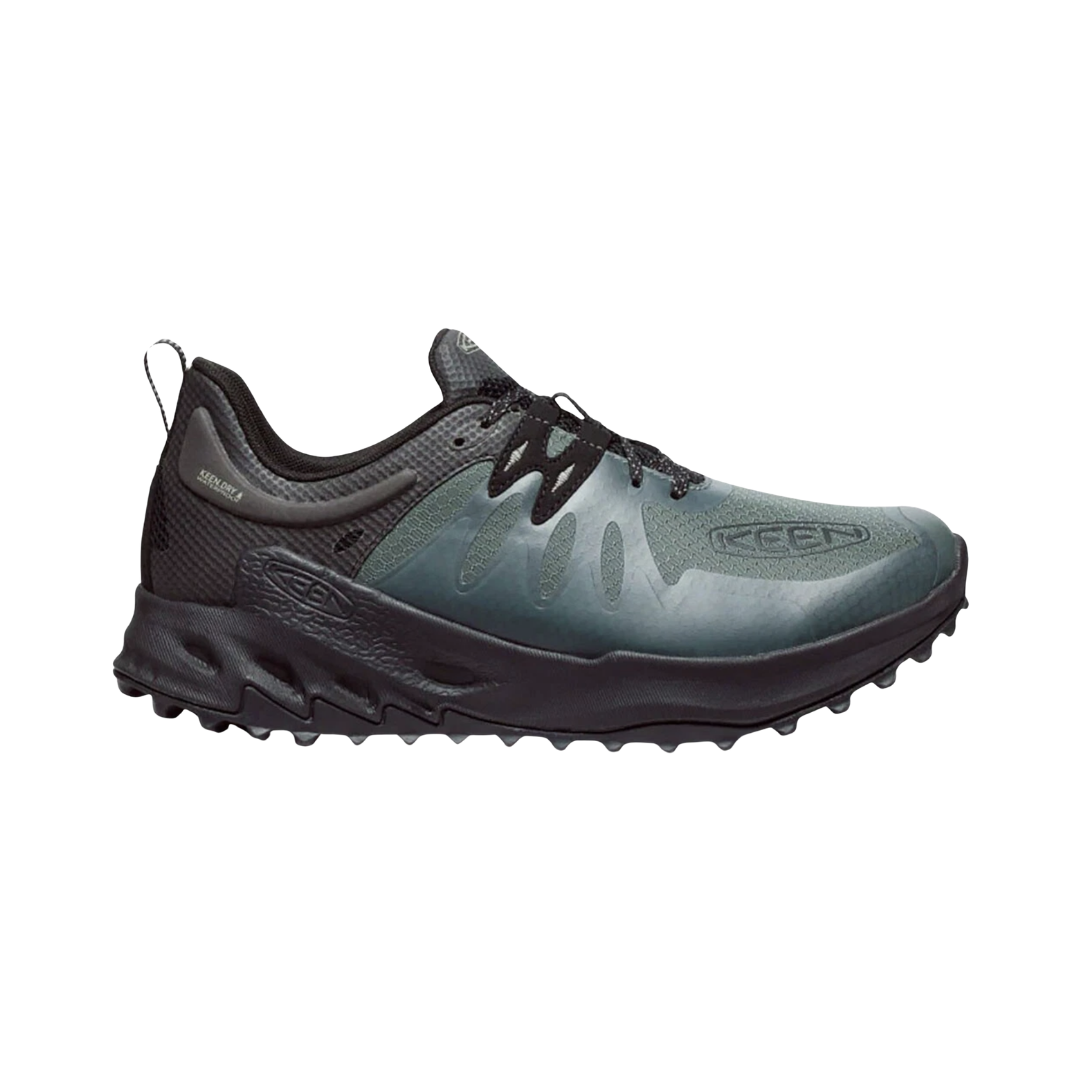 KEEN Men's Zionic Waterproof Hiking Shoe in Dark Forest/Black featuring a lightweight performance mesh upper, KEEN.DRY waterproof protection, and a rugged rubber outsole with multi-directional lugs.