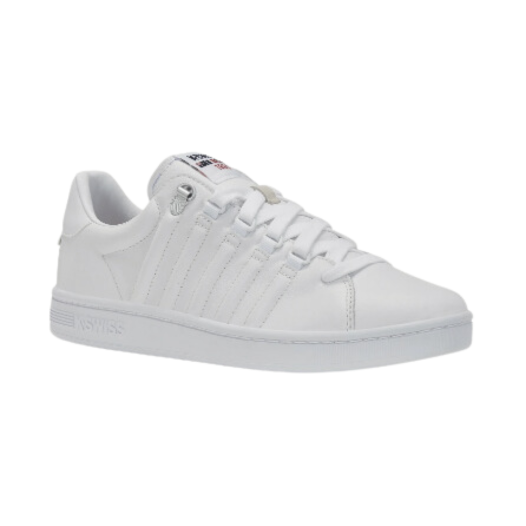 K-Swiss Men's Lozan II casual sneaker in White featuring a premium leather upper, iconic five-stripe branding, cushioned insole, padded collar and tongue, and durable rubber outsole for everyday wear.