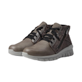 Side view of the Women’s Naot Polaris in Foggy Gray/Gray Marble, highlighting the lace-up design, outside zipper, and padded heel cup for comfort and easy wear.