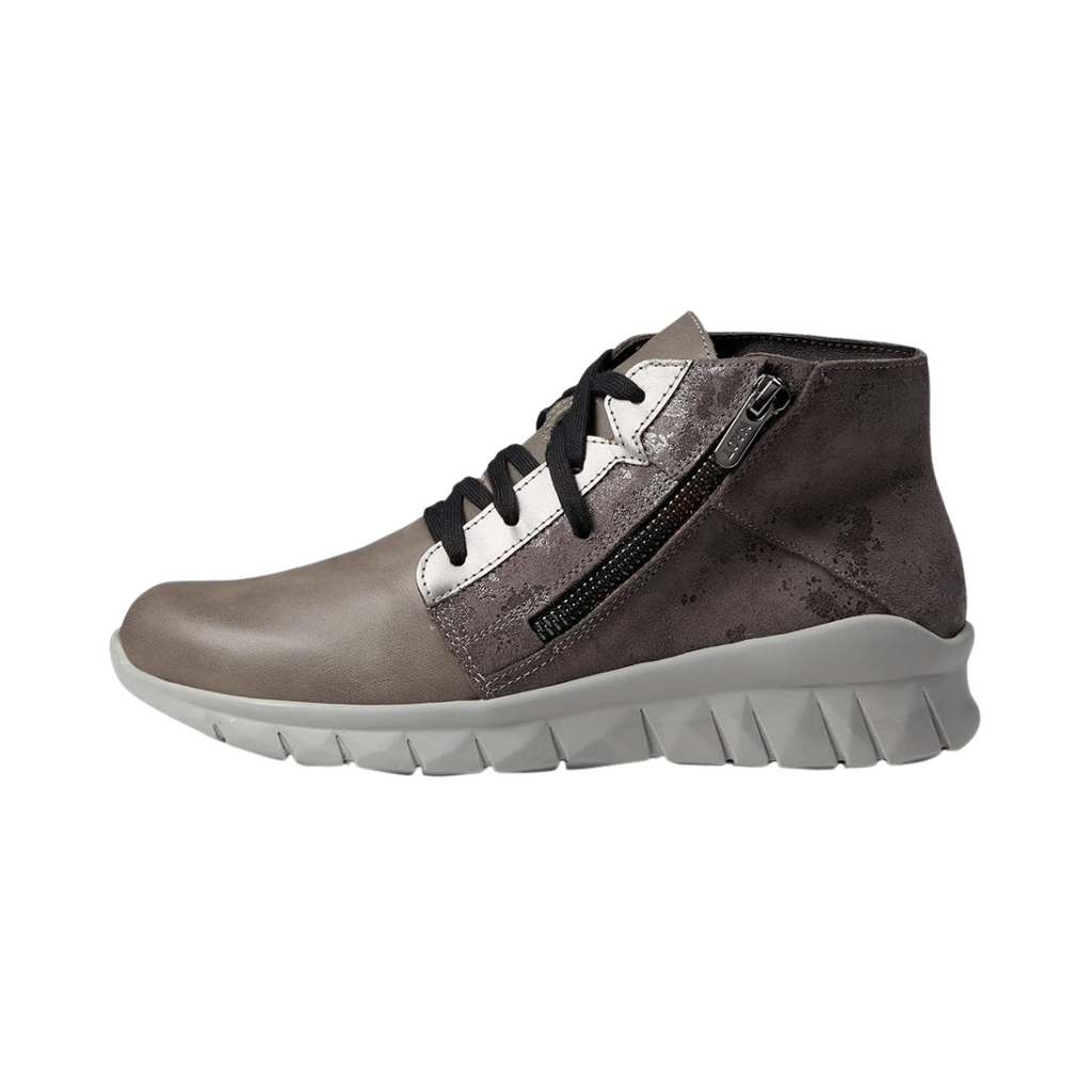 Side view of the Women’s Naot Polaris in Foggy Gray/Gray Marble, highlighting the lace-up design, outside zipper, and padded heel cup for comfort and easy wear.