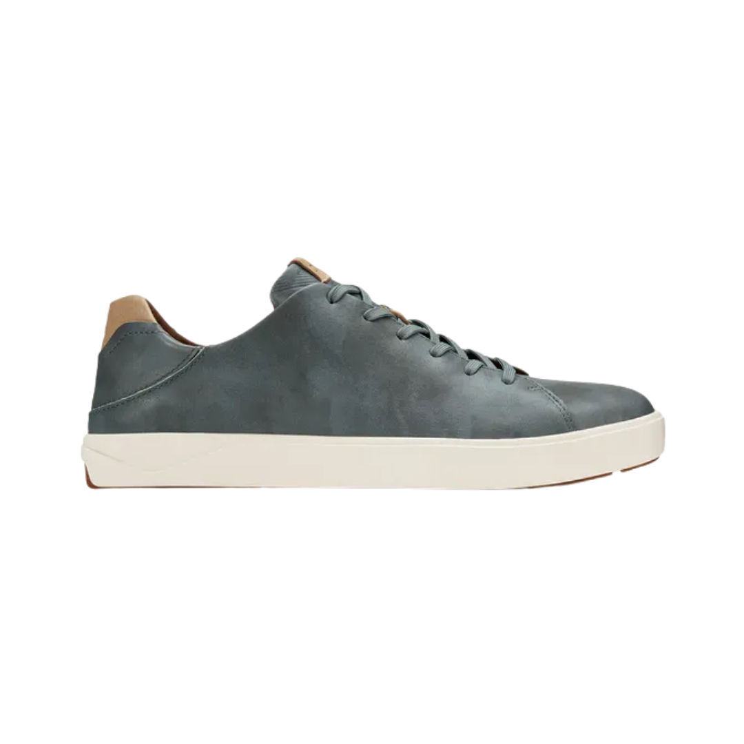 Side view of the Men’s Olukai Lae‘Ahi Li ‘Ili in Charcoal, highlighting the smooth full-grain leather upper, sleek silhouette, and Drop-In Heel® versatility for slip-on or traditional sneaker wear.