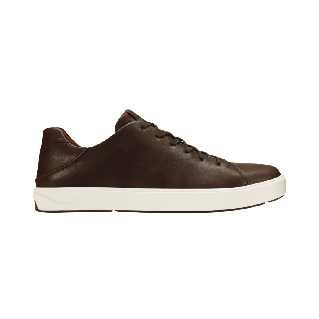 Side view of the Men’s Olukai Lae‘Ahi Li ‘Ili in Dark Wood, highlighting the smooth full-grain leather upper, sleek silhouette, and Drop-In Heel® versatility for slip-on or traditional sneaker wear.
