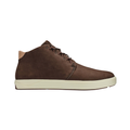 Side view of the Men’s Olukai Nana Hele in Dark Wood, highlighting the premium waterproof leather upper, elastic gore panels, and dual-density PU footbed for support and comfort.