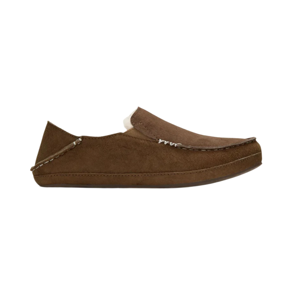 Side view of the Women’s Olukai Nohea Slipper in Ray, highlighting the genuine nubuck leather upper, soft shearling lining, and cushioned dual-density PU footbed.