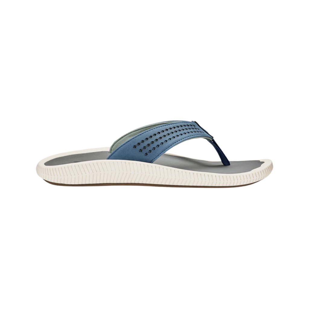 Side view of the Men’s Olukai Ulele in Slate Blue/Charcoal, showing the water-resistant synthetic straps, anatomical EVA midsole, and lightweight, supportive design.