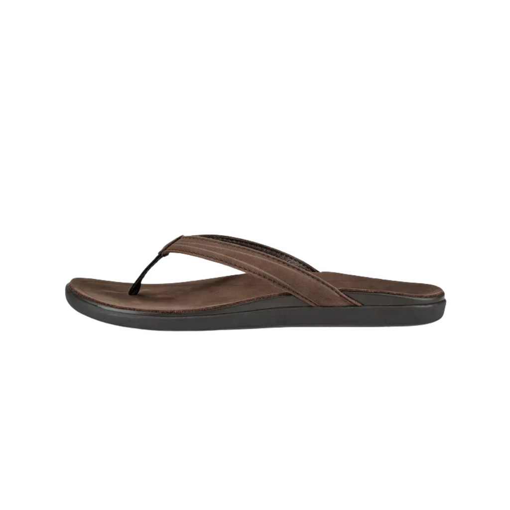 Side view of the Women’s Olukai ‘Aukai in Dark Java, showing the premium full-grain leather upper, contoured anatomical footbed, and water-resistant design.