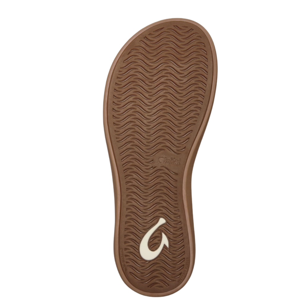 Bottom view of the Women’s Olukai Kapehe Luana in Silver/Sahara, showing the durable non-marking rubber outsole designed for traction on wet or dry surfaces.