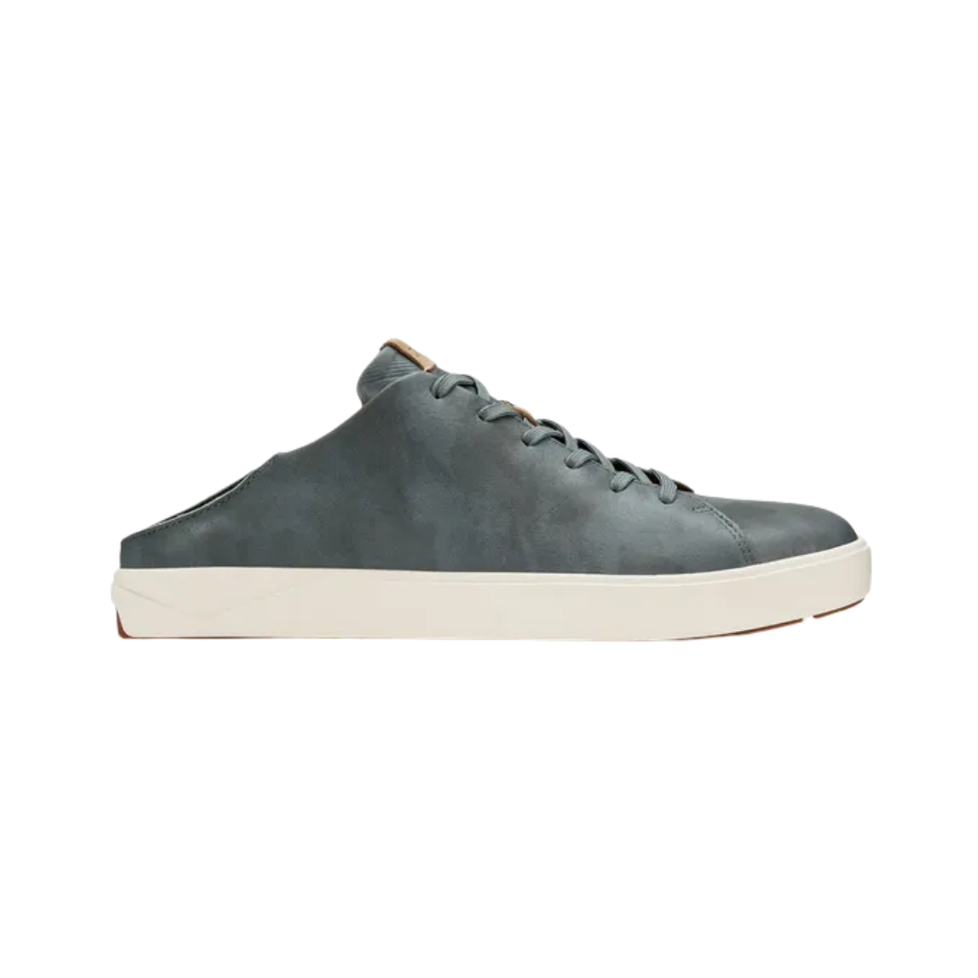 Side view of the Men’s Olukai Lae‘Ahi Li ‘Ili in Charcoal, highlighting the smooth full-grain leather upper, sleek silhouette, and Drop-In Heel® versatility for slip-on or traditional sneaker wear.