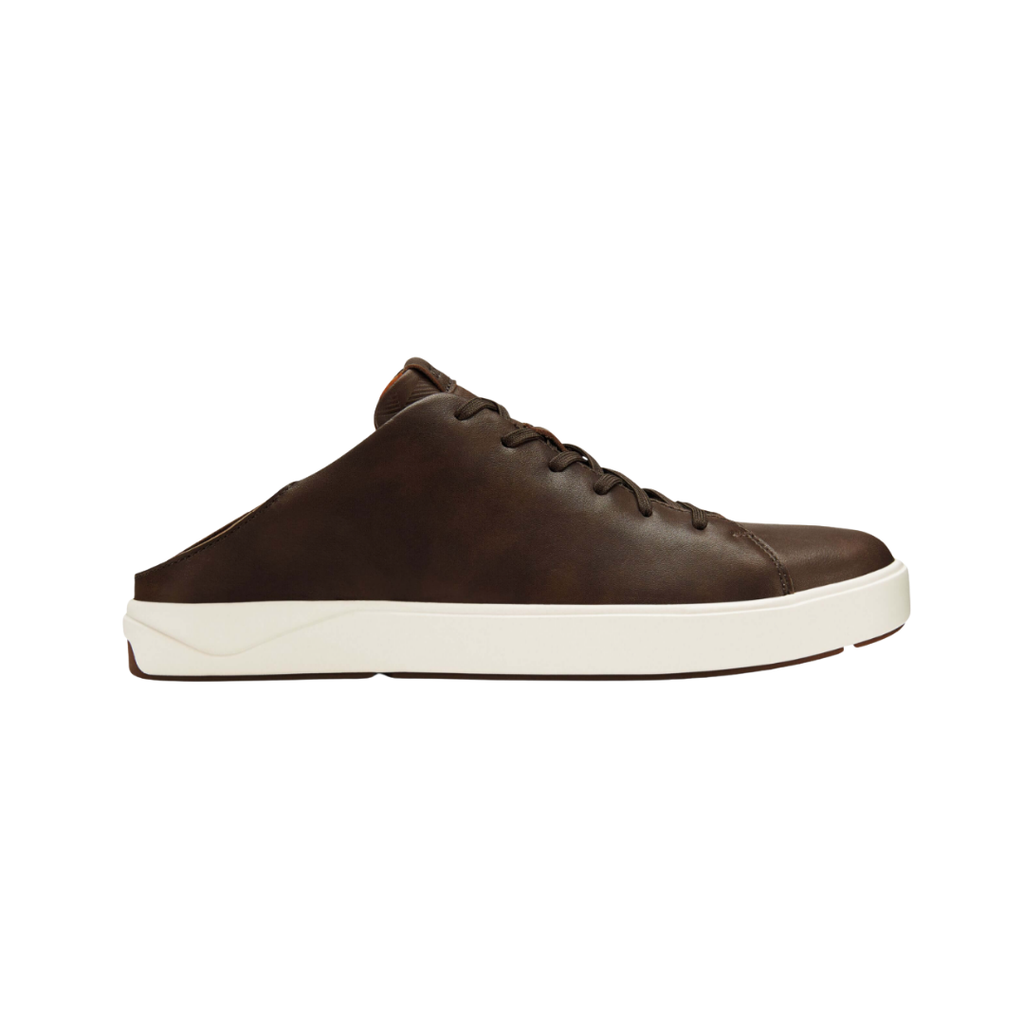 Side view of the Men’s Olukai Lae‘Ahi Li ‘Ili in Dark Wood, highlighting the smooth full-grain leather upper, sleek silhouette, and Drop-In Heel® versatility for slip-on or traditional sneaker wear.