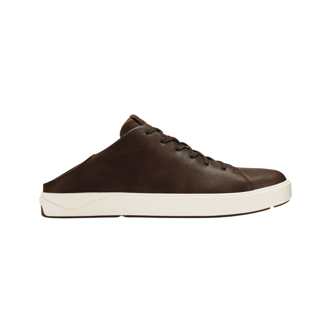 Side view of the Men’s Olukai Lae‘Ahi Li ‘Ili in Dark Wood, highlighting the smooth full-grain leather upper, sleek silhouette, and Drop-In Heel® versatility for slip-on or traditional sneaker wear.