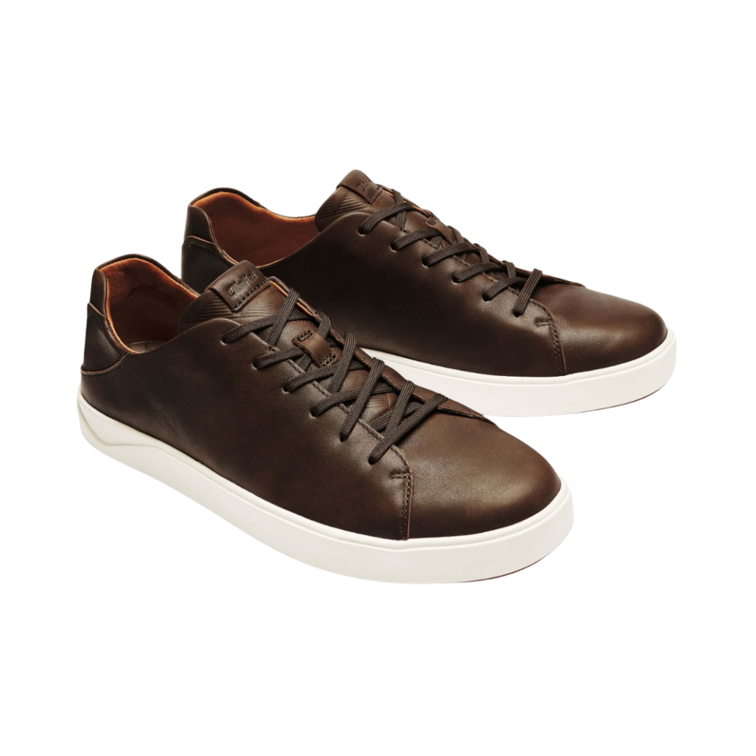 Side view of the Men’s Olukai Lae‘Ahi Li ‘Ili in Dark Wood, highlighting the smooth full-grain leather upper, sleek silhouette, and Drop-In Heel® versatility for slip-on or traditional sneaker wear.