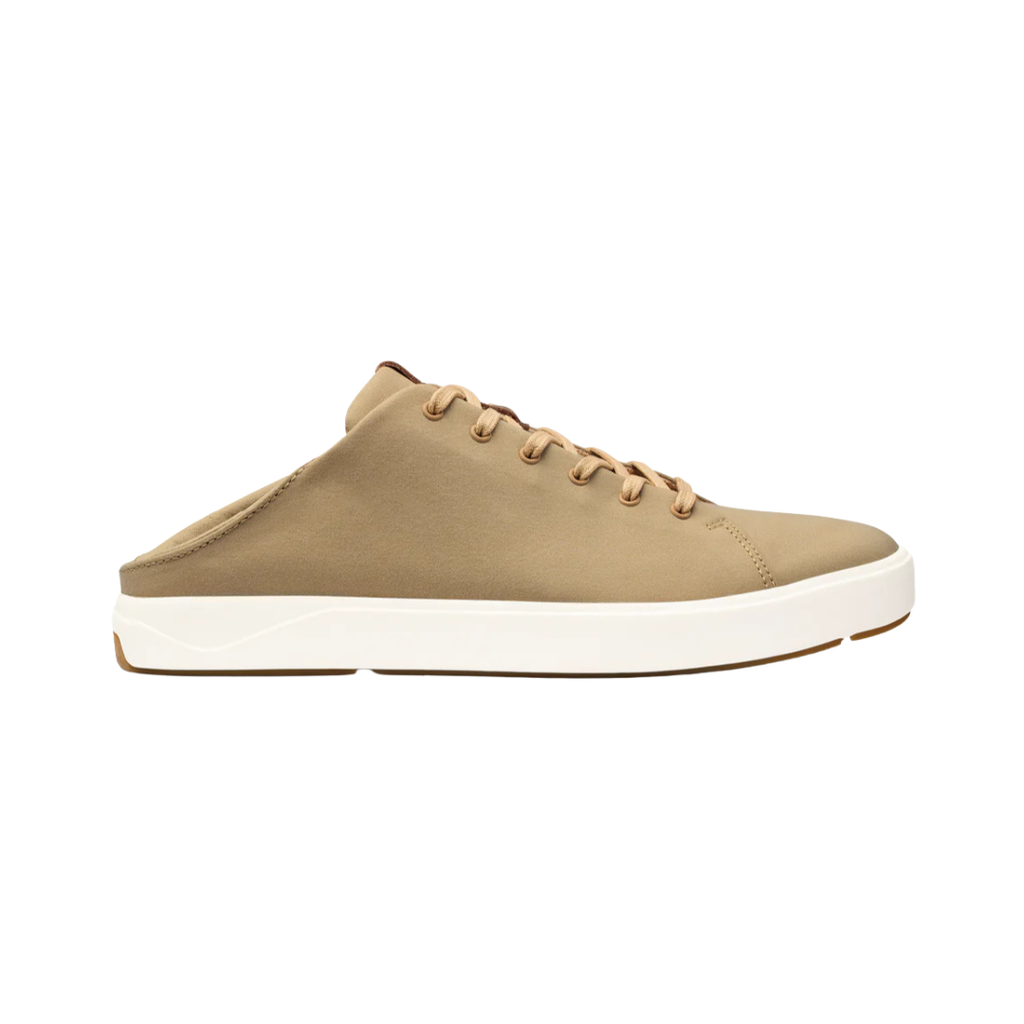 Side view of the Men’s Olukai Lae‘Ahi Li ‘Ili in Khaki, highlighting the smooth full-grain leather upper, sleek silhouette, and Drop-In Heel® versatility for slip-on or traditional sneaker wear.