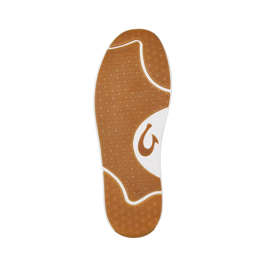 Bottom view of the Men’s Olukai Lae‘Ahi Li ‘Ili in Khaki, highlighting the non-marking Wet Grip rubber outsole with pod-style traction for reliable performance on wet or dry surfaces.