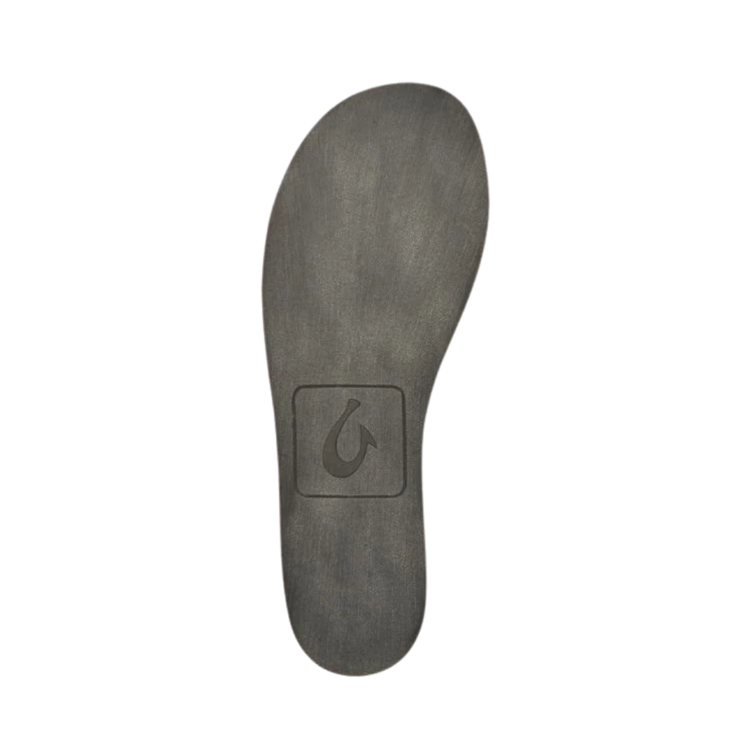 Bottom view of the Men’s Olukai Moloa Hulu in Dark Shadow, highlighting the non-marking gum rubber outsole designed for indoor traction and quick outdoor use.