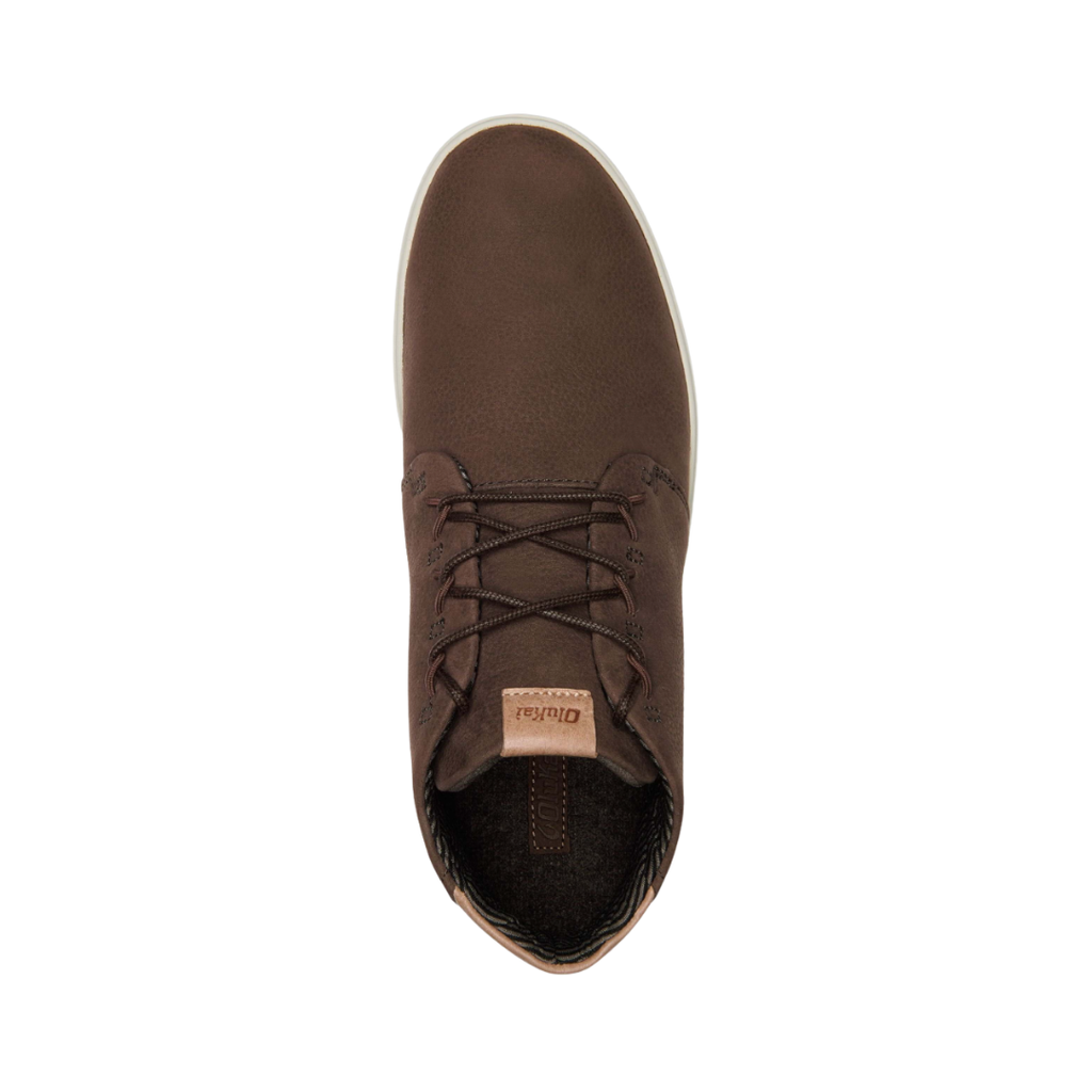 Top view of the Men’s Olukai Nana Hele in Dark Wood, showcasing the soft, moisture-wicking microfiber lining, removable PU footbed, and slip-on-ready design.