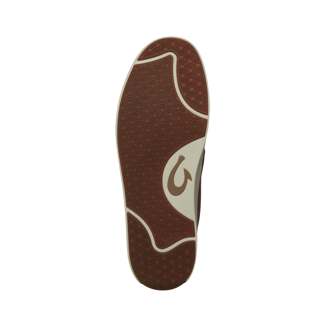 Bottom view of the Men’s Olukai Nana Hele in Dark Wood, displaying the heavy lug rubber outsole engineered for superior traction on wet, slippery, or uneven surfaces.