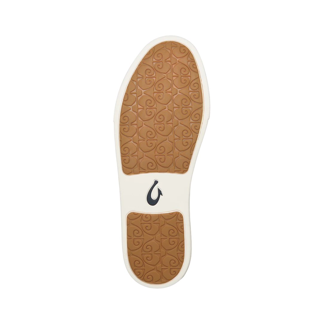 Bottom view of the Women’s Olukai Pehuea in Bright White, showing the non-marking rubber outsole with traction for secure footing on varied surfaces.