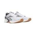 Side view of the Women’s Reebok Nano X2 in Gable Grey/Batik Blue/Hint Mint, showcasing the breathable Flexweave® knit upper, Floatride Energy Foam cushioning, and stable heel clip design.
