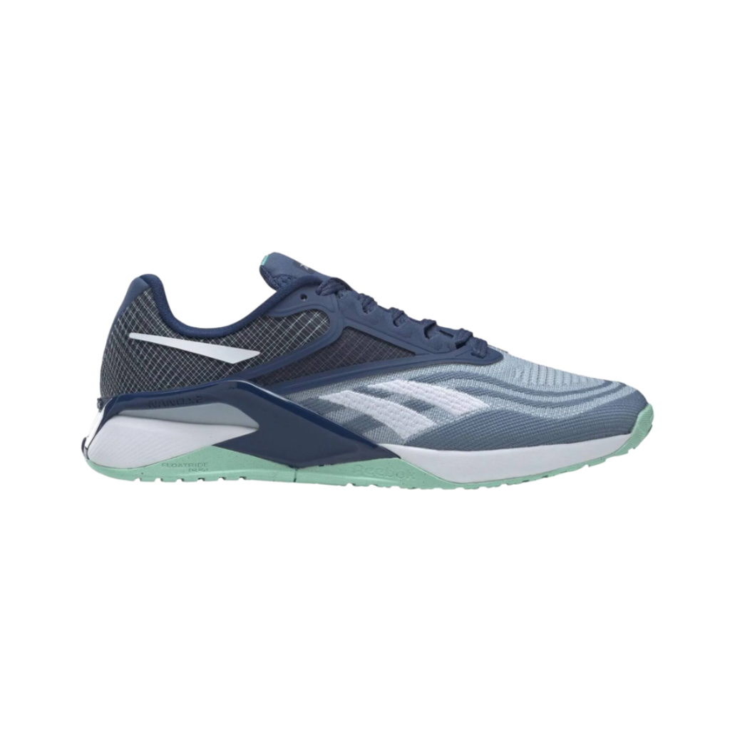 Side view of the Women’s Reebok Nano X2 in Gable Grey/Batik Blue/Hint Mint, showcasing the breathable Flexweave® knit upper, Floatride Energy Foam cushioning, and stable heel clip design.