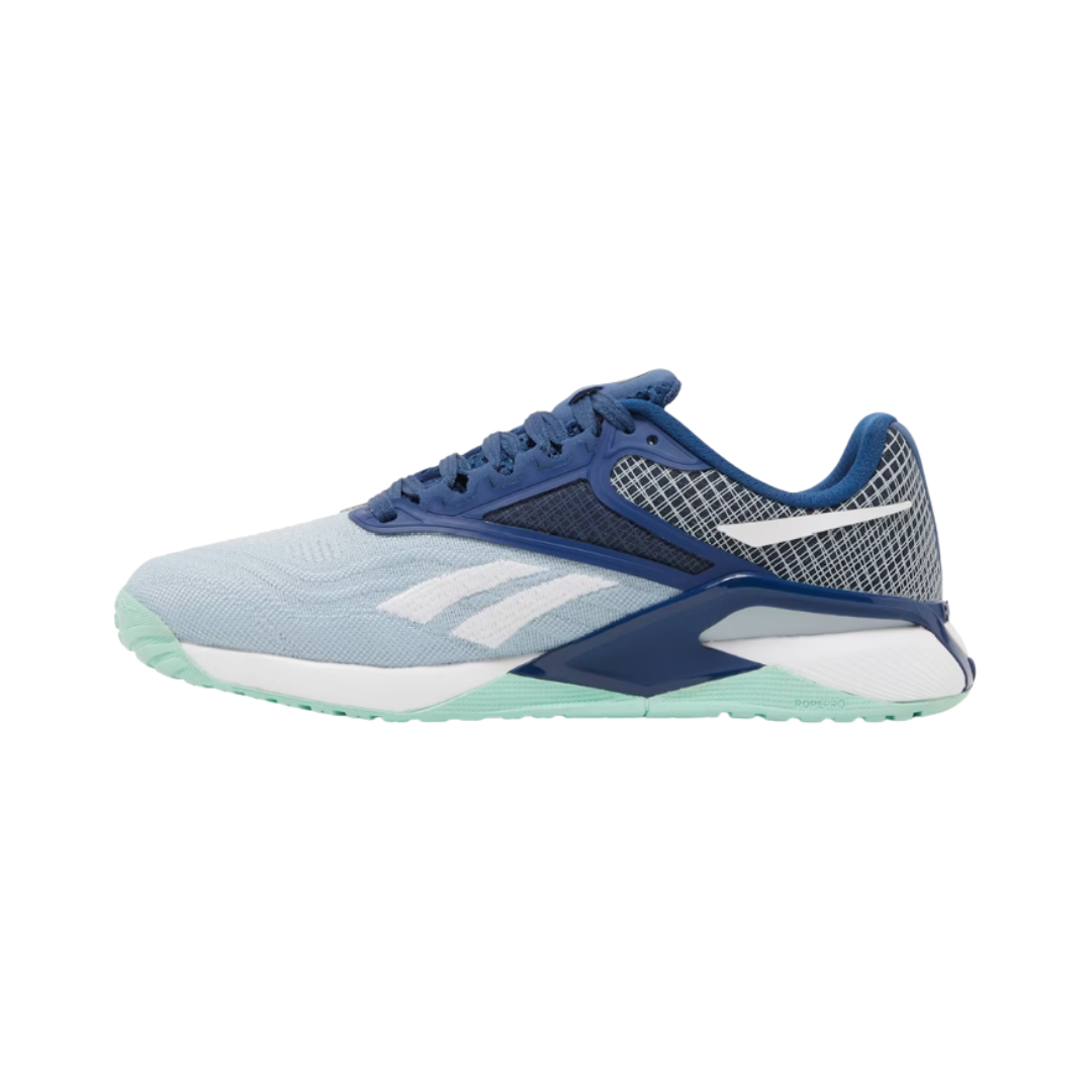 Side view of the Women’s Reebok Nano X2 in Gable Grey/Batik Blue/Hint Mint, showcasing the breathable Flexweave® knit upper, Floatride Energy Foam cushioning, and stable heel clip design.
