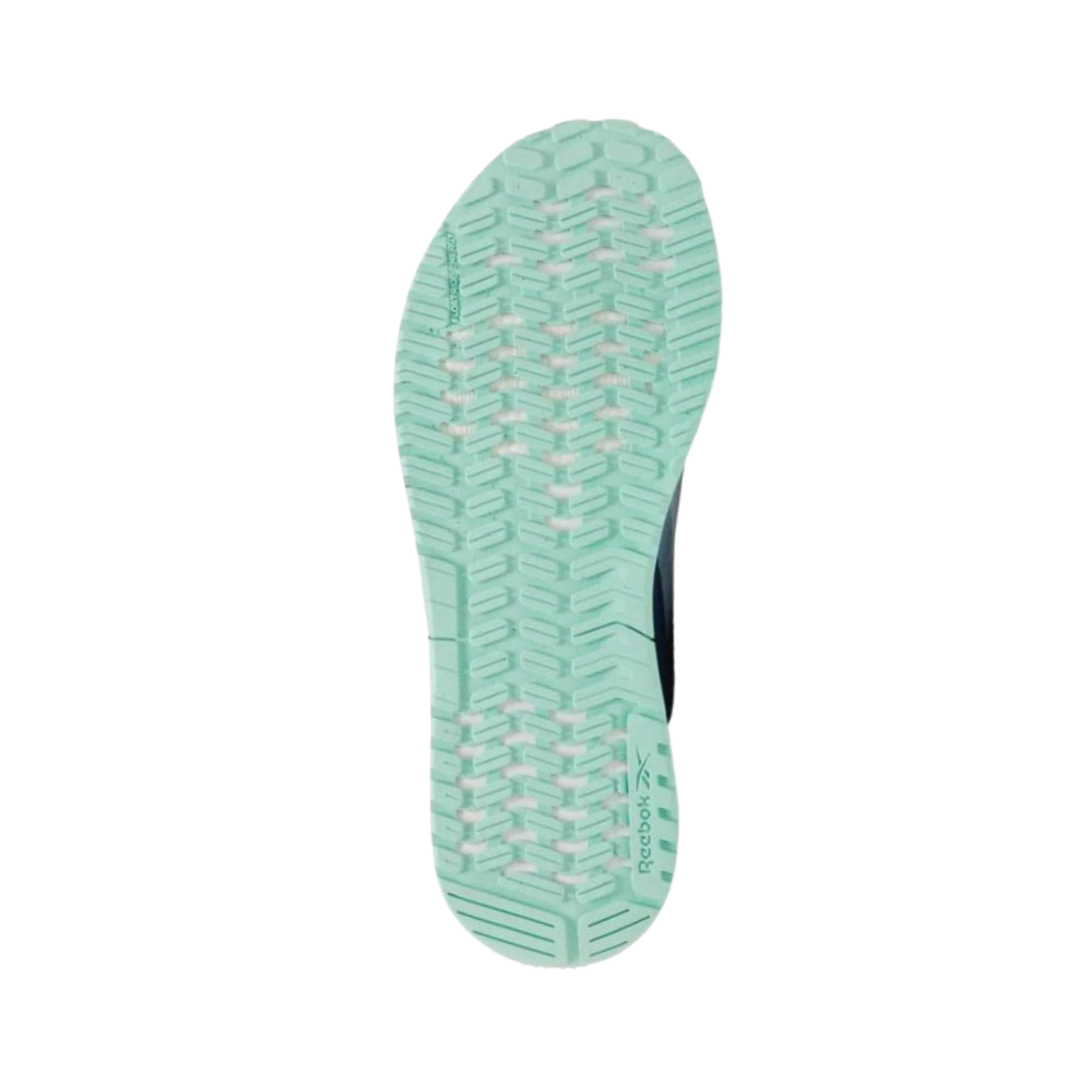 Bottom view of the Women’s Reebok Nano X2 in Gable Grey/Batik Blue/Hint Mint, showing the durable rubber outsole designed for traction on gym floors and training surfaces.