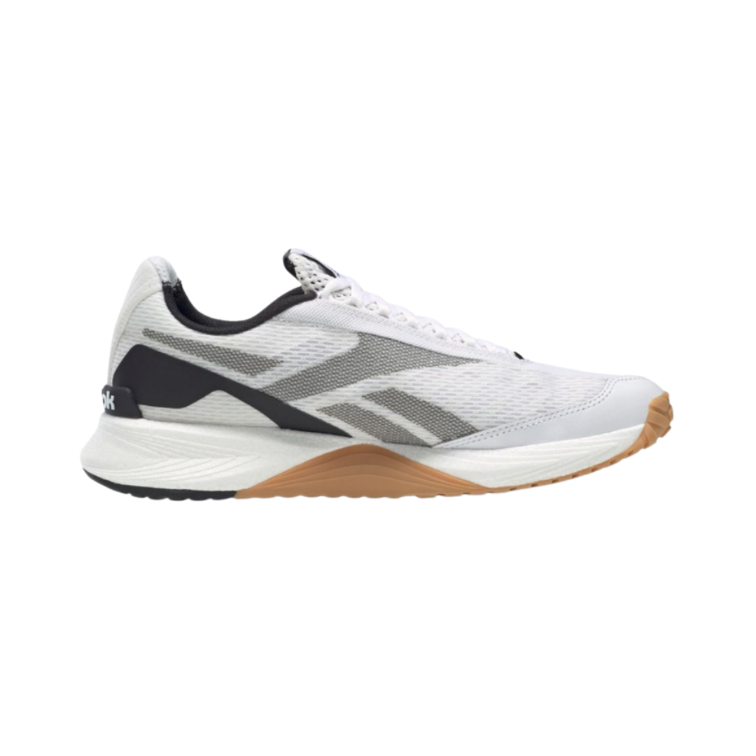 Side view of the Women’s Reebok Nano X2 in Gable Grey/Batik Blue/Hint Mint, showcasing the breathable Flexweave® knit upper, Floatride Energy Foam cushioning, and stable heel clip design.