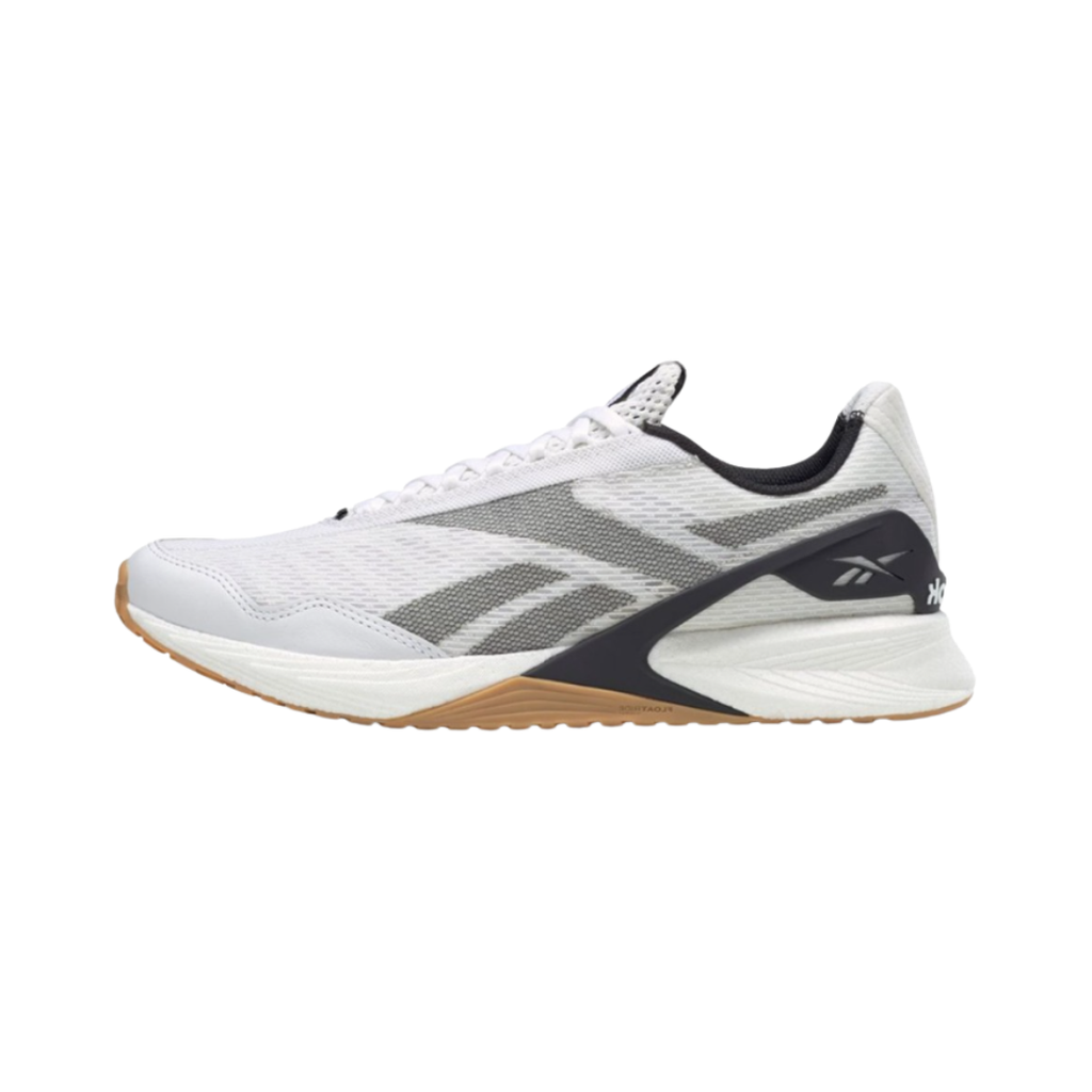 Side view of the Women’s Reebok Nano X2 in Gable Grey/Batik Blue/Hint Mint, showcasing the breathable Flexweave® knit upper, Floatride Energy Foam cushioning, and stable heel clip design.