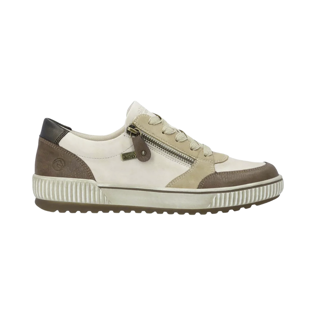Side view of the Women’s Remonte Maditta 01 Sneaker in Chestnut/Sand/Marble, highlighting the leather upper, lace-up design with side zipper, and lightweight flexible traction sole.
