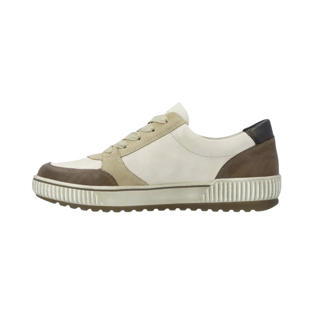 Side view of the Women’s Remonte Maditta 01 Sneaker in Chestnut/Sand/Marble, highlighting the leather upper, lace-up design with side zipper, and lightweight flexible traction sole.