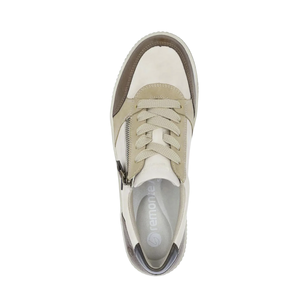 Top view of the Women’s Remonte Maditta 01 Sneaker in Chestnut/Sand/Marble, displaying the lace-up system, cushioned removable insole, and comfortable interior fit.