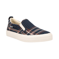 Side view of the Women’s Taos Rubber Soul in Blue Plaid, highlighting the soft canvas upper, dual elastic gore panels, and lightweight flexible rubber outsole.