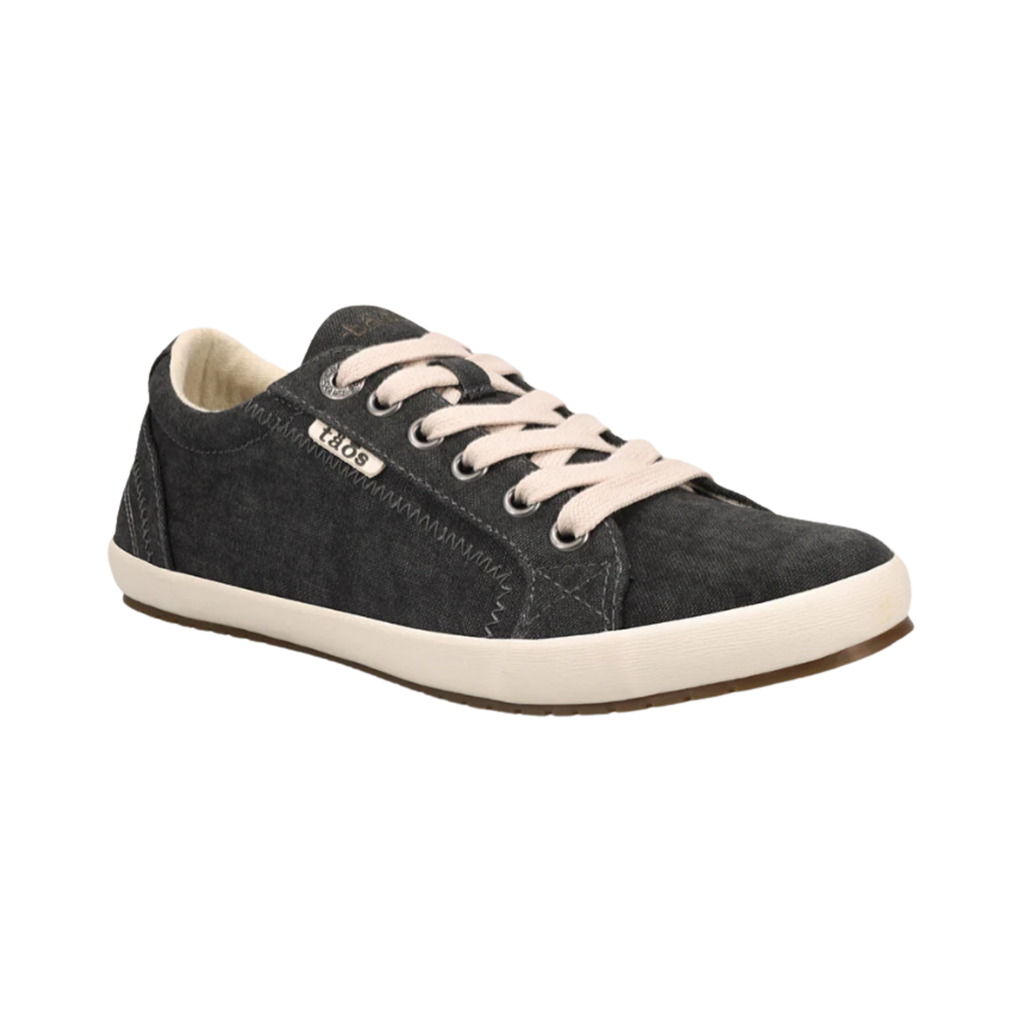 Side view of the Women’s Taos Star in Charcoal Washed Canvas, showcasing the vintage-inspired washed canvas upper, lace-up design, and Curves & Pods® removable footbed for arch and metatarsal support.