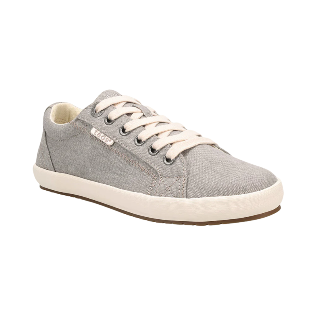 Side view of the Women’s Taos Star in Grey Washed Canvas, showcasing the vintage-inspired washed canvas upper, lace-up design, and Curves & Pods® removable footbed for arch and metatarsal support.