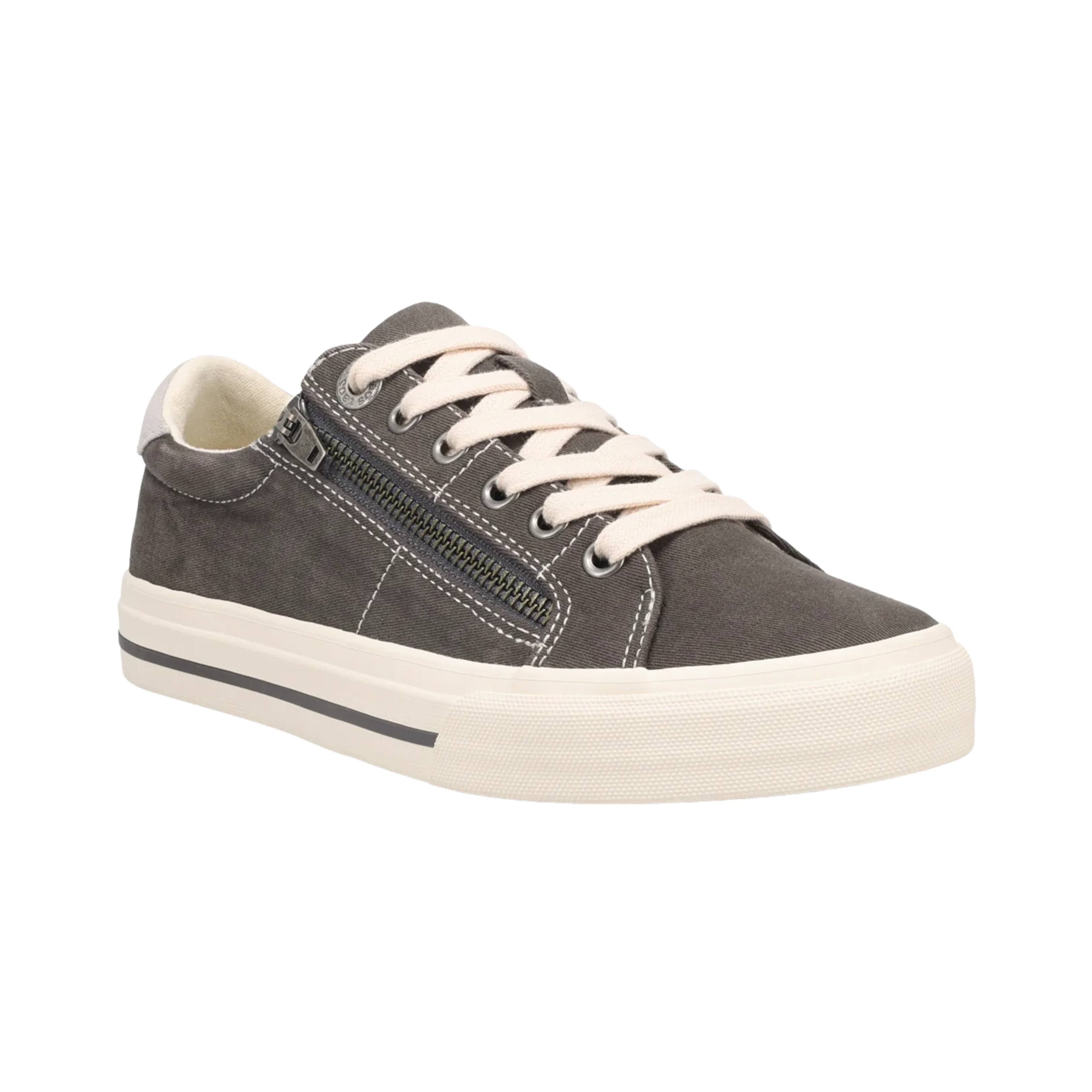 Side view of the Women’s Taos Z Soul in Graphite/Light Grey Distressed, highlighting the distressed canvas upper, side zipper, and Curves & Pods® removable footbed for arch support and comfort.