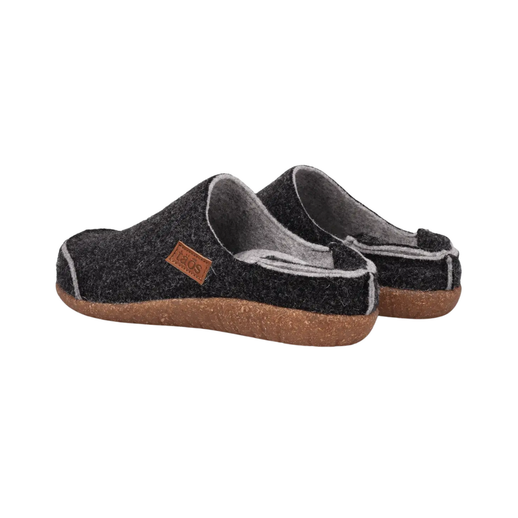 Heel view of the Men’s Taos Convertawool in Charcoal, featuring the convertible heel counter that folds down to transform the shoe from a clog to a convenient slide.